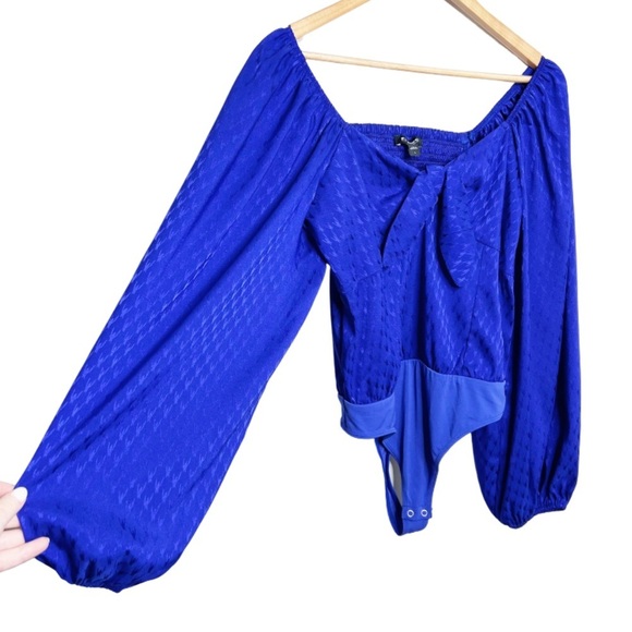 NWT Express Royal Blue Jacquard Tie Front Long Sleeve Bodysuit Size Large - Picture 4 of 16
